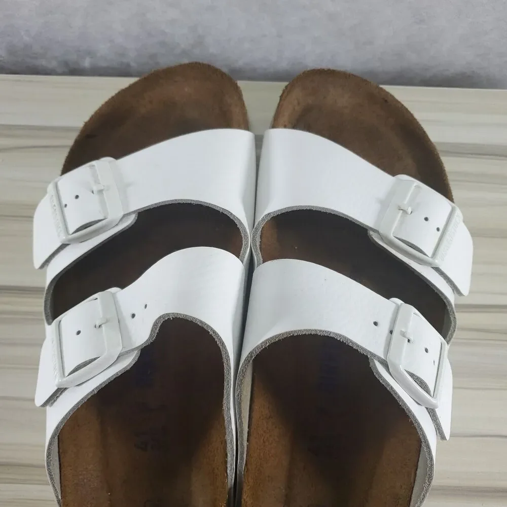 Sz 10 N Narrow Women's Birkenstock White Leather Arizona Sandals White Buckle